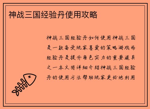 神战三国经验丹使用攻略